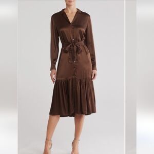 Rails Beatrice Long Sleeve Belted Satin Midi Shirtdress